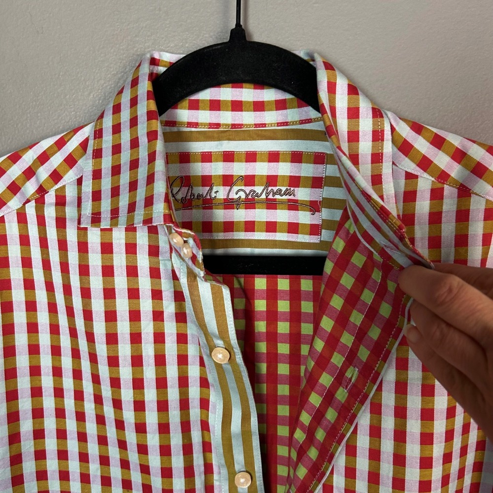 Robert Graham Gingham Plaid shirt Mens Medium Colorful Button Down Blue Red l/s